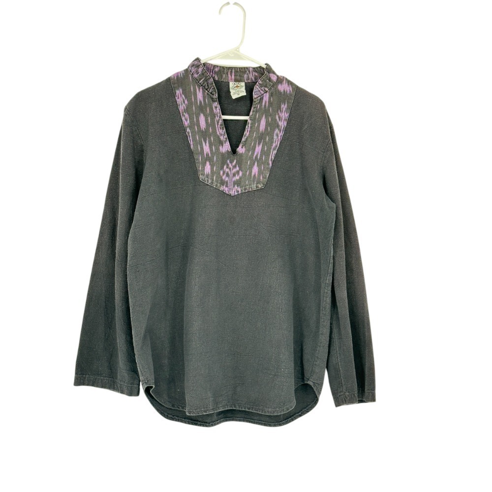 Deva Cottage‎ Industry Pullover Top V-Neck Long Sleeve Gray Purple Ikat M